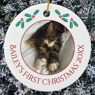 Ornamento De Cerâmica Primeiro Natal do Gato Personalizado Foto