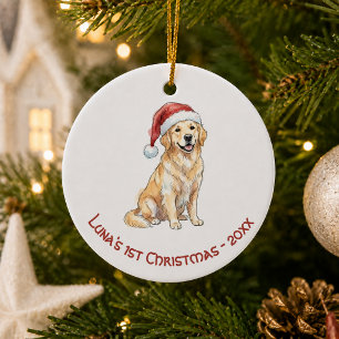 Ornamento De Cerâmica Primeiro Natal do Golden Retriever aquarela