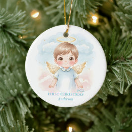 Ornamento De Cerâmica Primeiro Natal do Menino Azul Anjo Foto