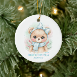 Ornamento De Cerâmica Primeiro Natal do Menino Azul Urso de Pelúcia Foto
