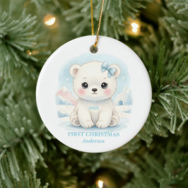 Ornamento De Cerâmica Primeiro Natal do Menino Azul Urso Polar Foto