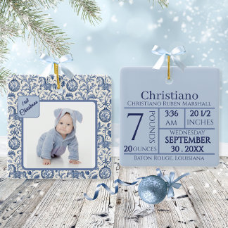 Ornamento De Cerâmica Primeiro Natal do Menino Foto Azul Toile