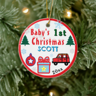 Ornamento De Cerâmica Primeiro Natal do Menino Vermelho Carro NOME