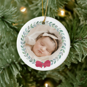 Ornamento De Cerâmica Primeiro Natal do Red Arco-Adorned Wreath Baby