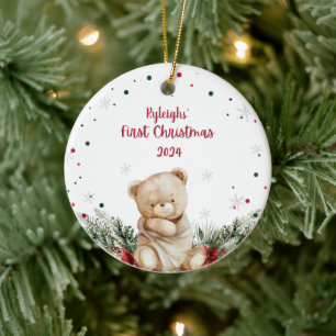 Ornamento De Cerâmica Primeiro Natal do Urso de Teddy Personalizado