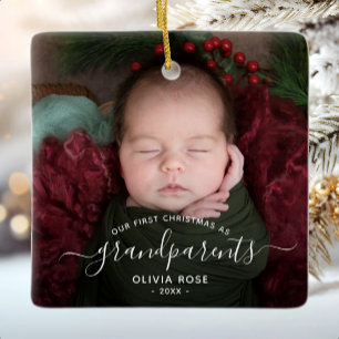 Ornamento De Cerâmica Primeiro Natal dos Avós Foto Script Branco
