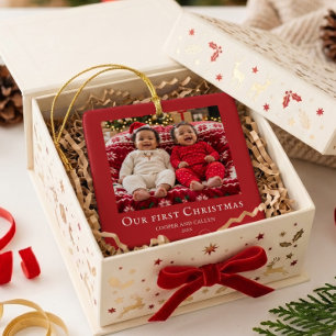 Ornamento De Cerâmica Primeiro Natal dos gêmeos foto de bebê Vermelho