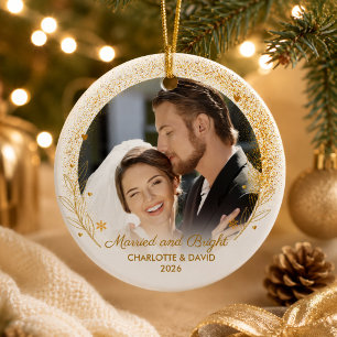 Ornamento De Cerâmica Primeiro Natal Elegante Foto Casal Recém-Casado Do