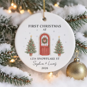 Ornamento De Cerâmica Primeiro Natal em Casa Nova Aquarela Porta