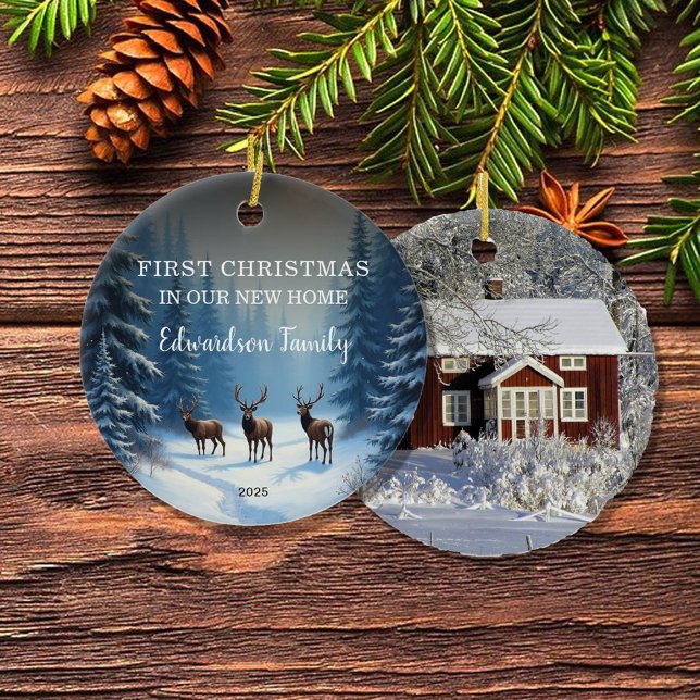 Ornamento De Cerâmica Primeiro Natal em nossa nova foto do Home (Create your own First Christmas in our new Home, family name and year, photo Ceramic Ornament.
)