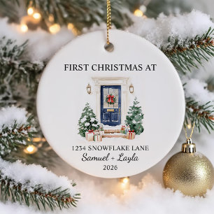 Ornamento De Cerâmica Primeiro Natal Em Nova Casa Aquarela Porta Azul