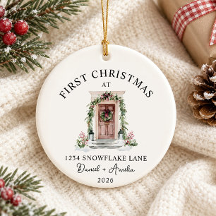 Ornamento De Cerâmica Primeiro Natal Em Nova Casa Aquarela Porta Marrom