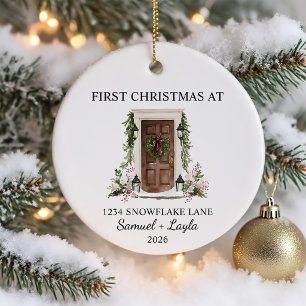 Ornamento De Cerâmica Primeiro Natal Em Nova Casa Aquarela Porta Marrom