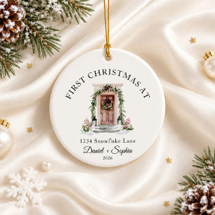 Ornamento De Cerâmica Primeiro Natal Em Nova Casa Aquarela Porta Marrom