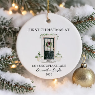 Ornamento De Cerâmica Primeiro Natal Em Nova Casa Aquarela Porta Preta