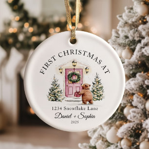Ornamento De Cerâmica Primeiro Natal em Nova Casa Aquarela Porta Rosa