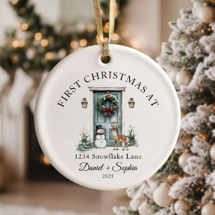 Ornamento De Cerâmica Primeiro Natal Em Nova Casa Aquarela Porta Verde