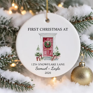Ornamento De Cerâmica Primeiro Natal Em Nova Casa Aquarela Porta Vermelh