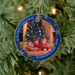 Ornamento De Cerâmica Primeiro Natal em Nova Casa Flocos de Neve e Foto