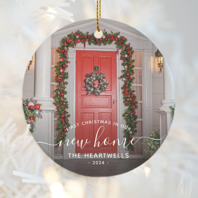 Ornamento De Cerâmica Primeiro Natal em Nova Casa Foto Script Branco (Criador carregado)