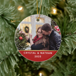 Ornamento De Cerâmica Primeiro Natal em Nova Foto Personalizada Vermelha