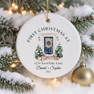 Ornamento De Cerâmica Primeiro Natal Em Nova Porta Azul