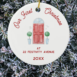 Ornamento De Cerâmica Primeiro Natal em Nova Porta de Aquarela