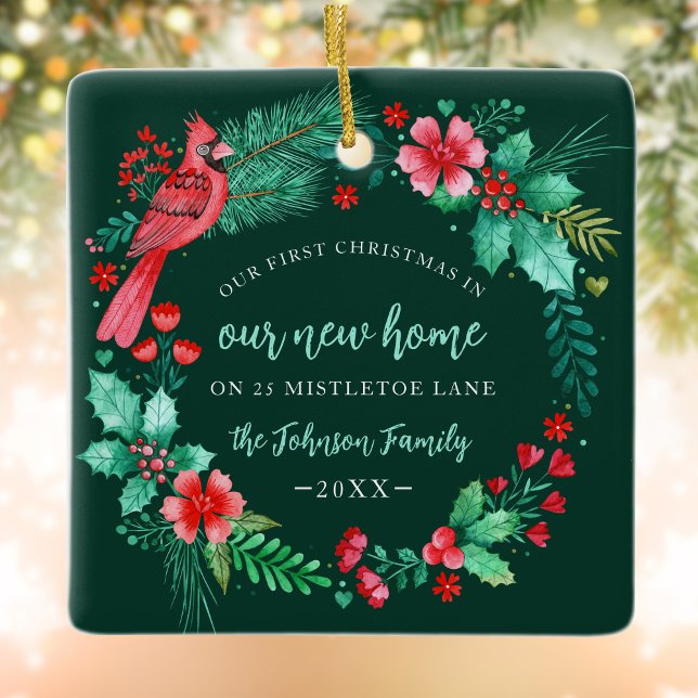 Ornamento De Cerâmica Primeiro Natal em Nova Terra de Aquarela (First Christmas in New Home Watercolor Wreath Ceramic Ornament)