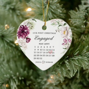 Ornamento De Cerâmica Primeiro Natal Engajado Com Floral de Calendário