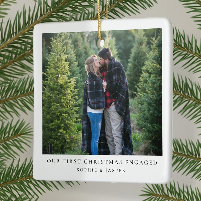 Ornamento De Cerâmica Primeiro Natal Envolvido | Foto mínima do Noivado (Our 1st Christmas Engaged photo ornament by Guava, perfect for couples celebrating their engagement)