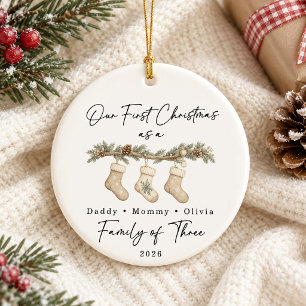 Ornamento De Cerâmica Primeiro Natal Família de Três Personalizado