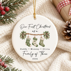 Ornamento De Cerâmica Primeiro Natal Família de Três Personalizado