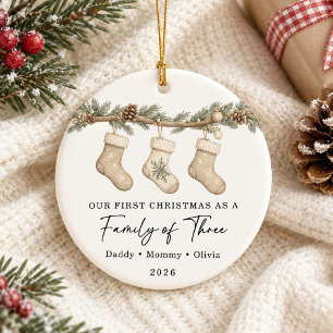 Ornamento De Cerâmica Primeiro Natal Família de Três Personalizado