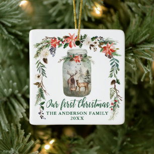 Ornamento De Cerâmica Primeiro Natal Família de Veados Florais de Invern