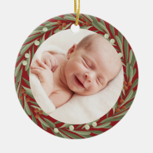 Ornamento De Cerâmica Primeiro Natal Floral Wreath Photo Baby