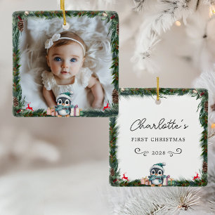 Ornamento De Cerâmica Primeiro Natal-Foto-Pinguim do Bebê