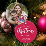 Ornamento De Cerâmica Primeiro Natal junto com foto rosa de amor<br><div class="desc">Carregue sua foto favorita (preferencialmente quadrado),  insira seu texto,  seus nomes e data,  e faça deste moderno ornamento da árvore de Natal rosa como um presente de guardião para lembrá-lo de seu relacionamento,  noivado,  casamento ou qualquer outro aniversário de casal!</div>