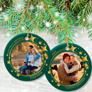 Ornamento De Cerâmica Primeiro Natal Juntos 2 Foto Coroa Estrela Dourada
