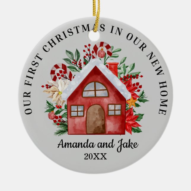 Ornamento De Cerâmica Primeiro Natal Juntos Floral (Frente)