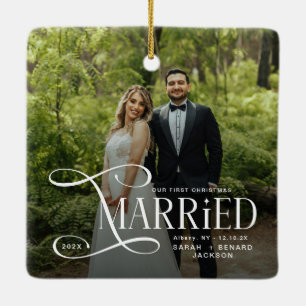 Ornamento De Cerâmica Primeiro Natal Minimal dos Casais Casados 2 Fotos