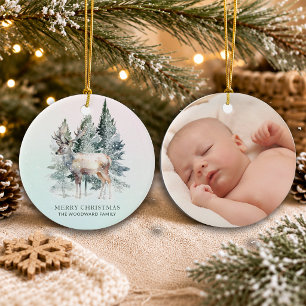Ornamento De Cerâmica Primeiro Natal na Floresta com Foto do Bebê