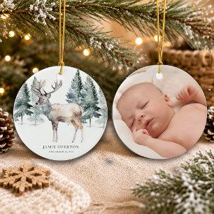 Ornamento De Cerâmica Primeiro Natal na Floresta com Foto do Bebê