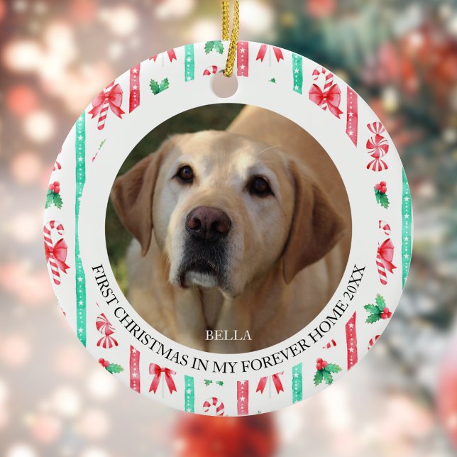 Ornamento De Cerâmica Primeiro Natal no Forever Home 2 Foto (Dog's First Christmas in Forever Home 2 Photo Ceramic Ornament)