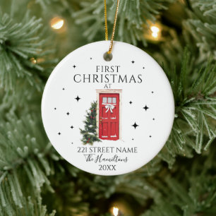 Ornamento De Cerâmica Primeiro Natal Nova Casa Elegante Porta Vermelha P
