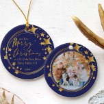 Ornamento De Cerâmica Primeiro Natal Nova Foto Azul e Estrela Dourada<br><div class="desc">Novo enfeites de natal doméstico que você pode personalizar com sua foto favorita. Feliz Natal é escrito à mão na caligrafia de script e você também pode adicionar seu novo endereço e o ano. O modelo de fotografia mostra a sua imagem em formato redondo, enquadrado com uma abstrato de coroa...</div>
