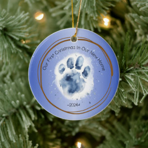 Ornamento De Cerâmica Primeiro Natal Nova Pata de Casa - aspas azuis