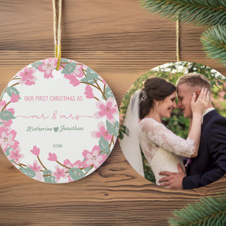 Ornamento De Cerâmica Primeiro Natal Novo Nome de Foto Novo Data Floral