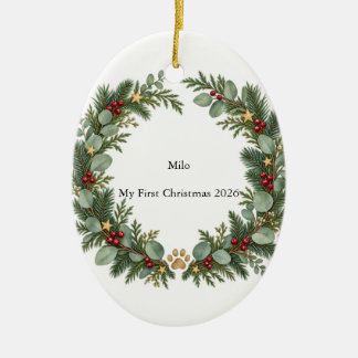 Ornamento De Cerâmica Primeiro Natal Oval de Sempre Verde