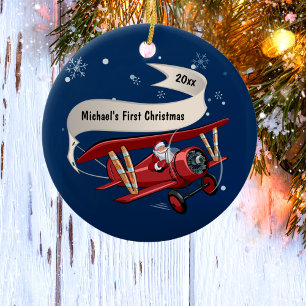 Ornamento De Cerâmica Primeiro Natal Papai Noel Voando Avião Personaliza