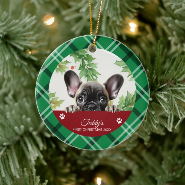 Ornamento De Cerâmica Primeiro Natal Personalizado do Bulldog Francês (Árvore)